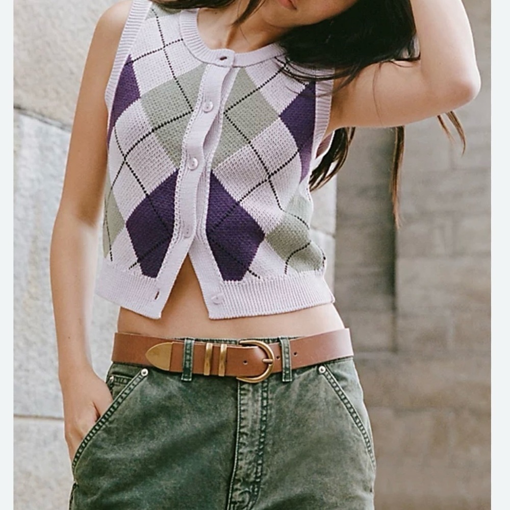 Urban Outfitters Argyle V-Neck Sweater Vest - Black, Green, Purple size Small